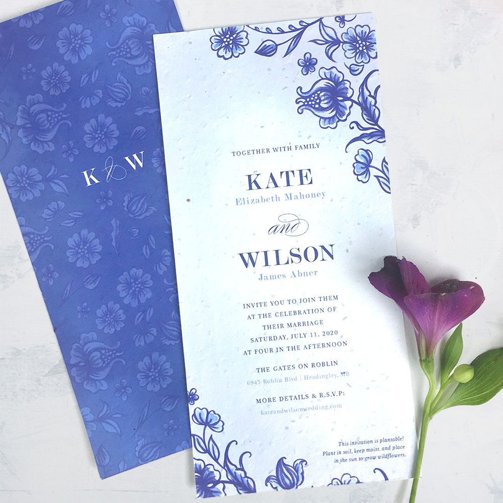 seed paper wedding invitation with blue deft design
