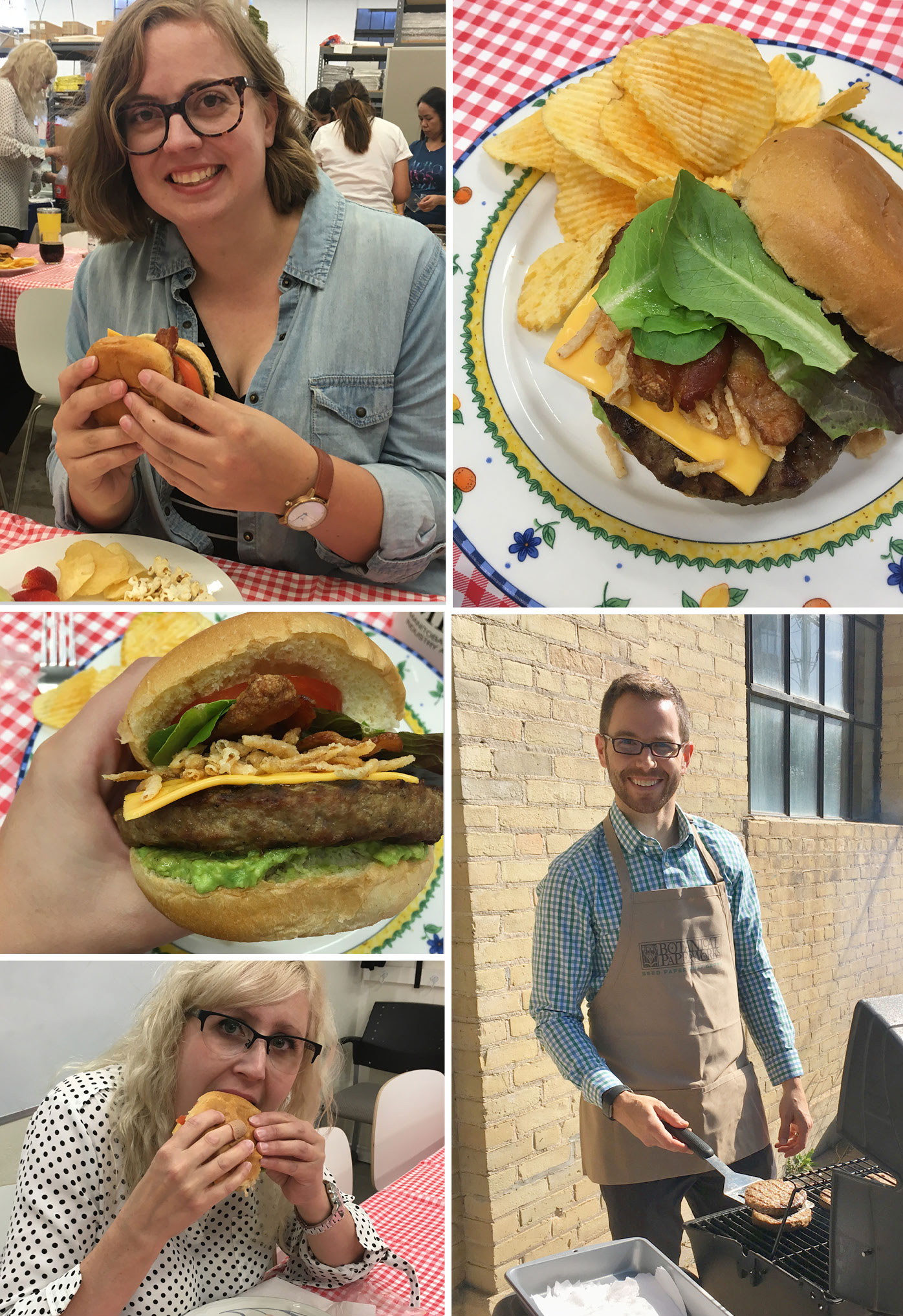 Botanical PaperWorks team members eating burgers during Burger Week in Winnipeg