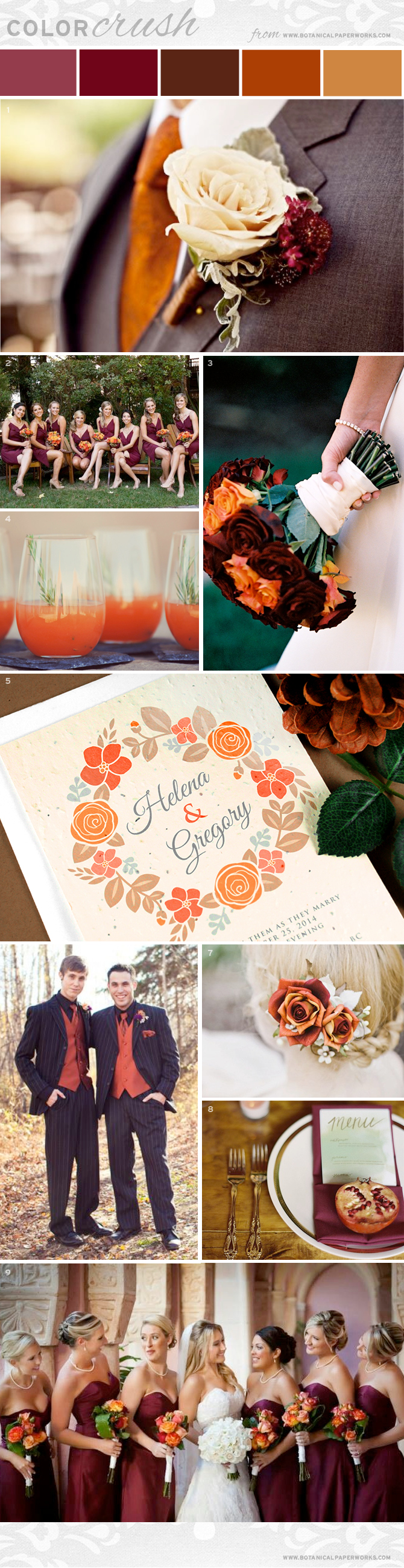 Check out this stunning wedding palette potential - Burnt Orange & Burgundy! The fall inspired hues are full of character and create a warm and inviting mood for guests. 