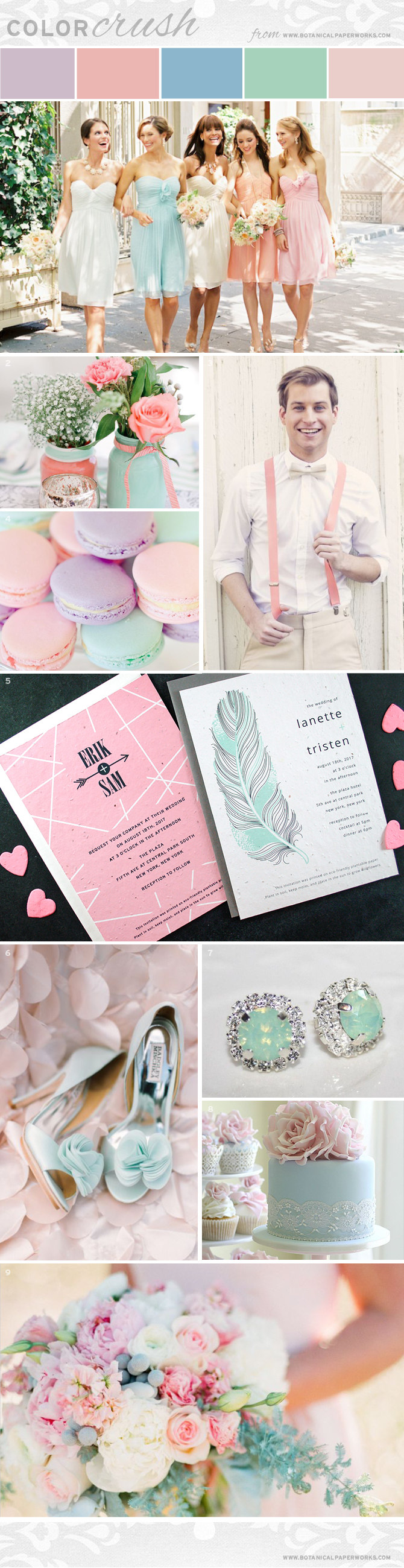 Get inspired for the lovely upcoming Spring and Summer Wedding season with the delicate and romantic Mixed Pastels featured in the latest Color Crush Inspiration Board.