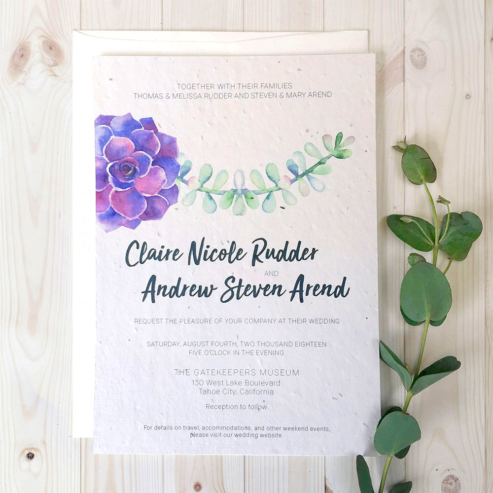 This gorgeous Watercolor Succulents Wedding Invitation is custom printed on seed paper from Botanical PaperWorks so it will grow when planted in soil. No waste, just wildflowers!
