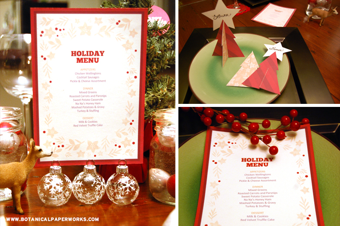 With the Holiday Dinner Decor free printables, you'll receive four freebies including a customizable holiday menu, Christmas circle toppers, Christmas napkin rings and 3D Christmas tree place cards to create a dinner tabl?e that's festive and fun.