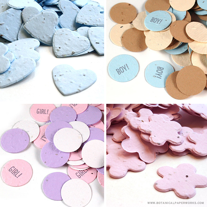 This Plantable Eco Confetti is perfect for gender reveals, eco-friendly baby showers and gift giving. The pieces are embedded with seeds that grow colorful wildflowers when planted in soil!