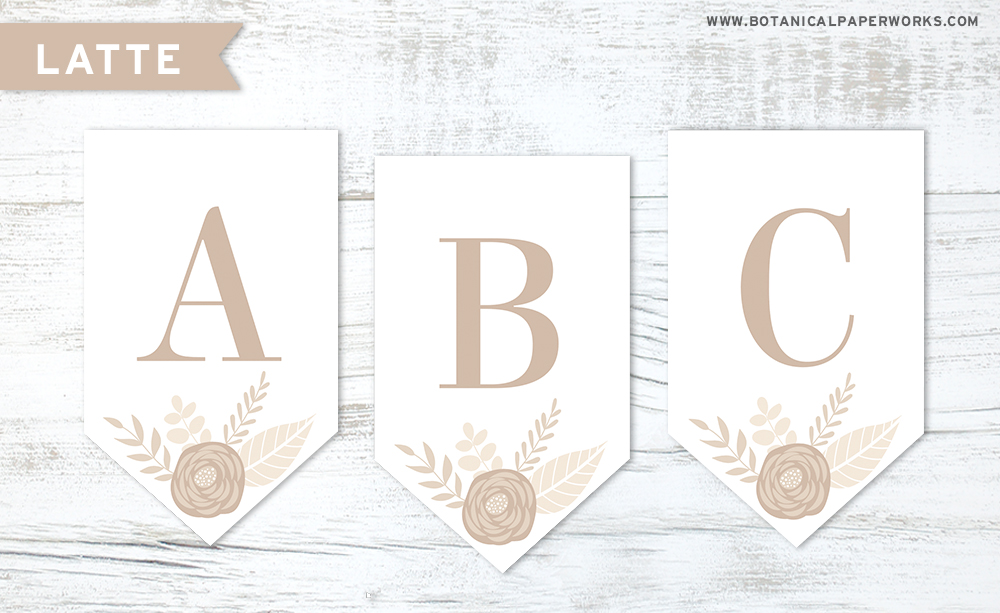 Download this latte floral letters free printable to make your own banner decoration for any occasion.