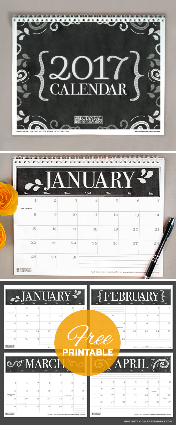 With a sophisticated black and white chalkboard design, this 2017 free printable calendar is perfect for home or office use. See more designs and download your favorite 2017 calendar on our blog!