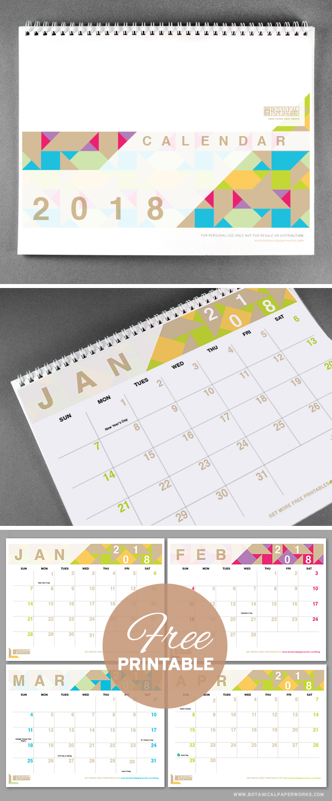 With bright pops of colour and a chic modern design, this 2018 free printable is perfect for capturing all of life’s important dates. See more designs and download your favorite 2017 calendar on our blog!