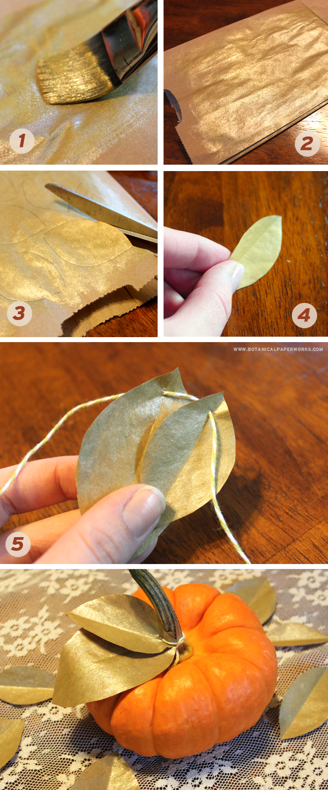 Make beautiful shimmering leaves for autumn decor by using paper bags and gold craft paint.