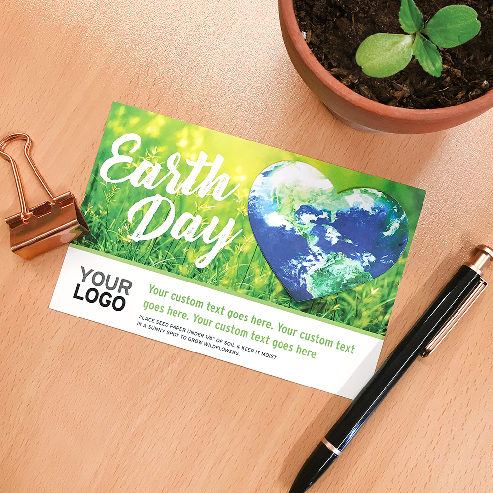 Add-your-logo to this pre-design panel cards featuring a printed seed paper heart globe!