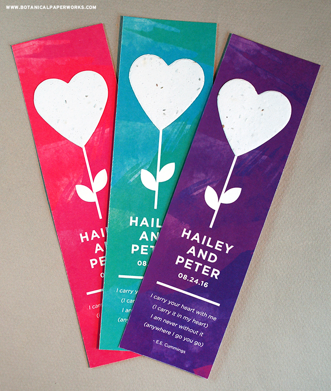 This colorful bookmark Seed Paper Wedding Favor features a seed paper heart to plant as a symbol of your growing love and is available in 6 color options.