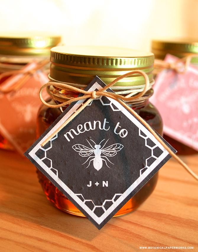 Guests will love receiving these Honey Pots with Seed Paper Favor Tags at rustic and charming Eco-Friendly Weddings.