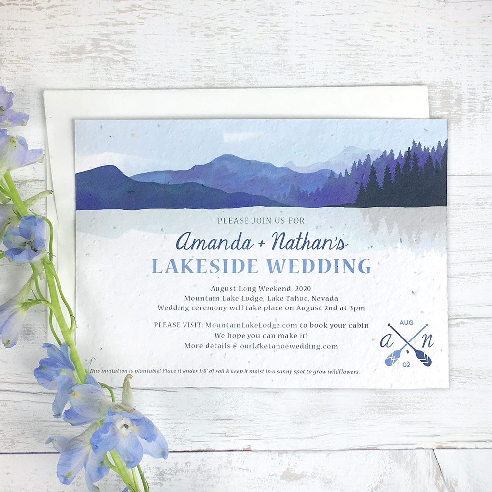 seed paper wedding invitation with mountains