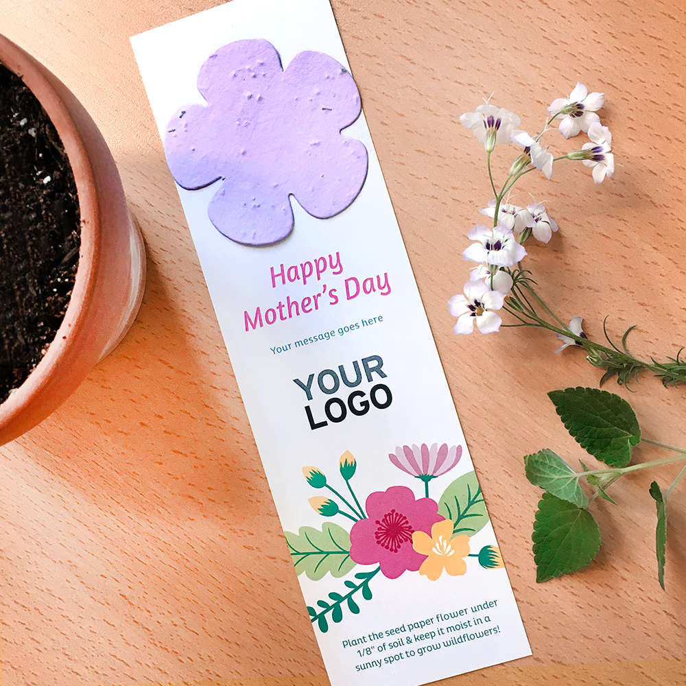 Add-your-logo to these floral bookmarks to share a unique Mother's Day gift that grow.