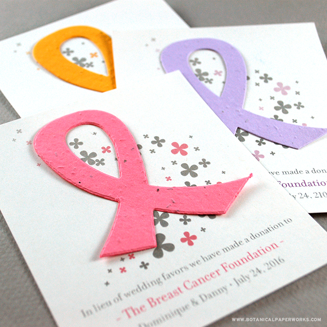 If you've lost a loved one to breast cancer, a thoughtful way to honor at your wedding is to give guests these Awareness Ribbon Favors in lieu of a wedding favor. Learn more here!