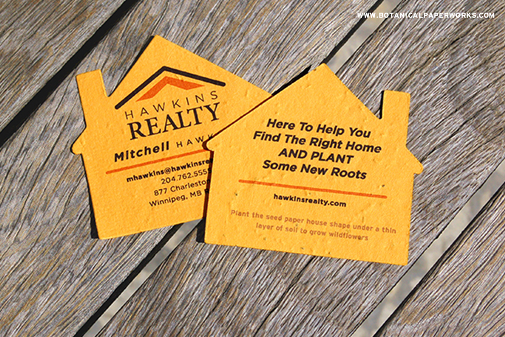 Give clients these memorable printed seed paper house shapes as business cards or as a thank you.