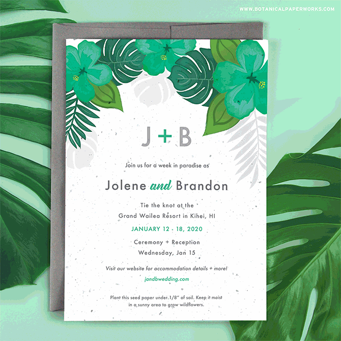 With seven vibrant colors to choose from, you'll find the perfect Plantable Tropical Blooms Wedding Invitation to match your destination wedding celebration.