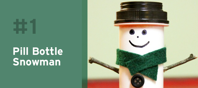 Simply paint an old pill bottle white and decorate it with buttons, sticks, fabric and a Sharpie marker for the face, and you've got yourself an adorable upcycled snowman decoration!