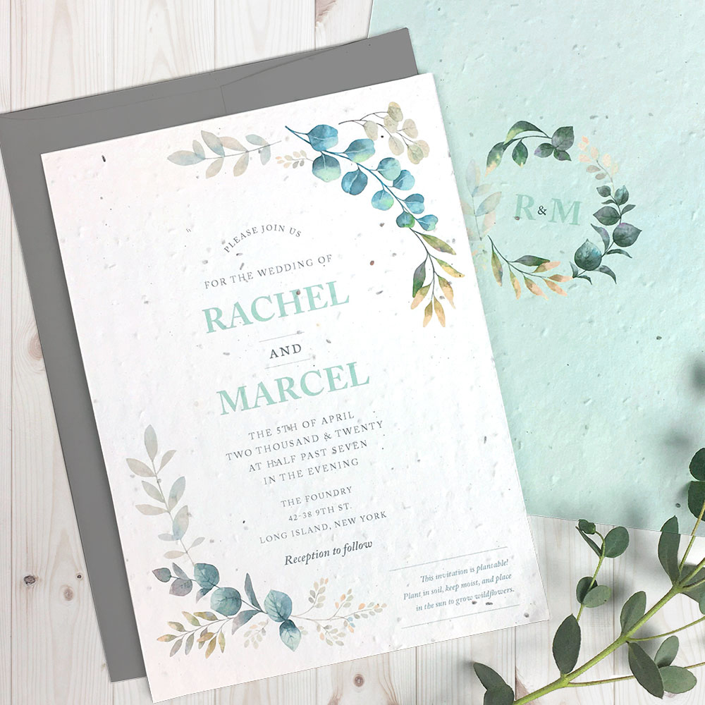 seed paper wedding invitation with watercolor leaves