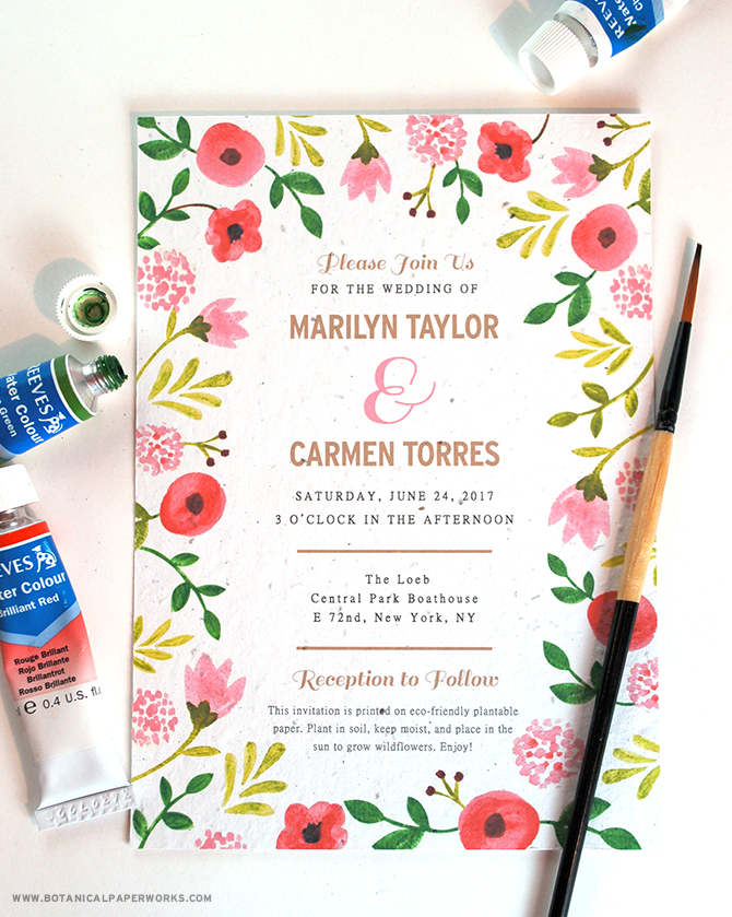 The artistic nature and texture of the brush strokes created in the Painterly Florals Watercolor Wedding Invitation make this look a must have for spring and summer wedding in 2015.