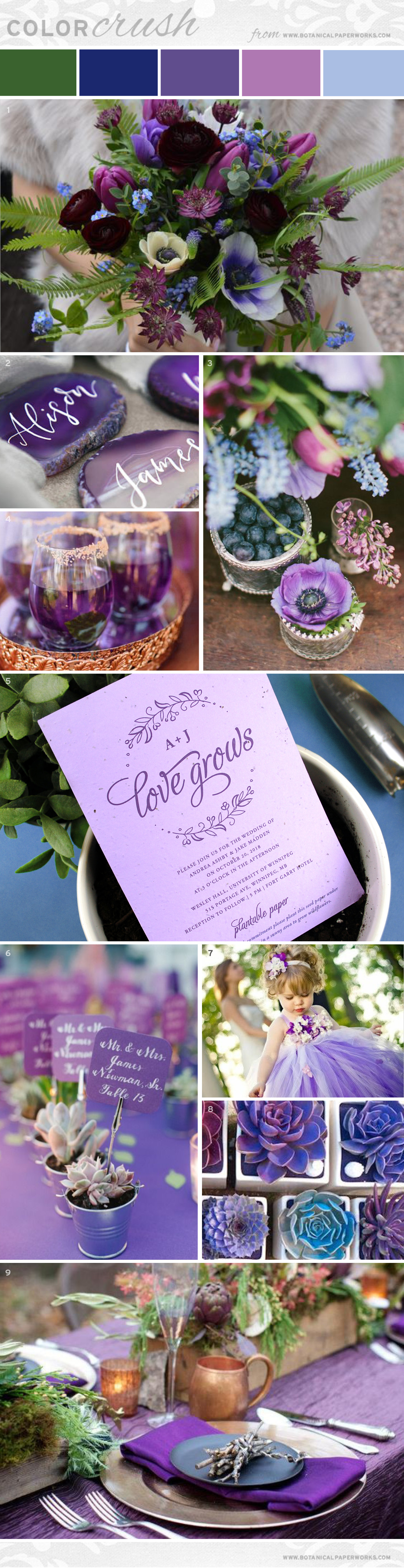 Ultra Violet is Pantone’s Color of the Year for 2018 and is sure to be a hit for wedding season. Take a look at this imaginative palette pairing it with lilac, cool blues & rose gold accents.