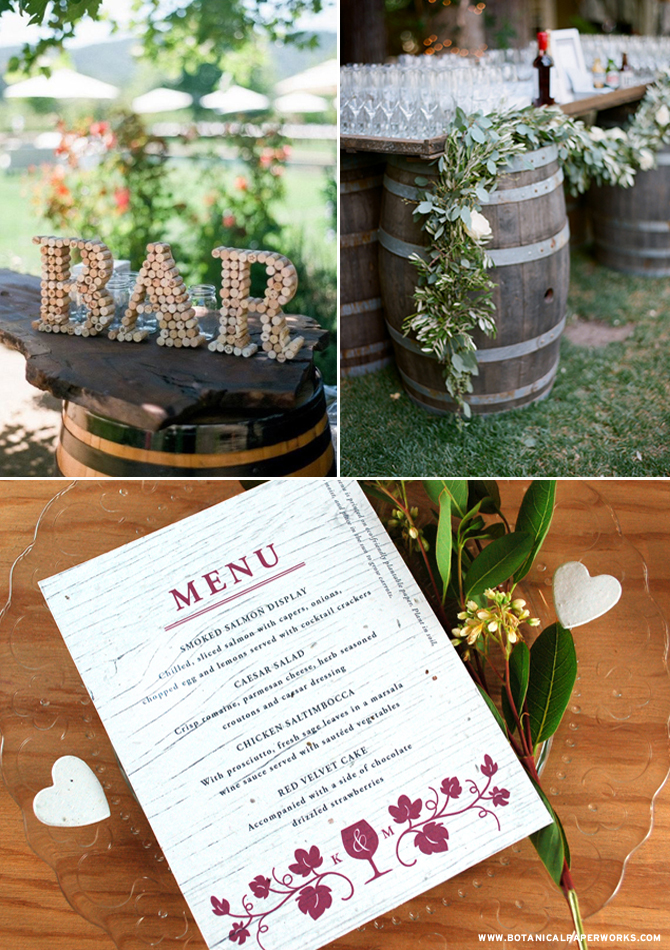 For those of you planning winery weddings, these eco-friendly seed paper menu cards are the perfect way to let guests know about the delicious food that will be served.