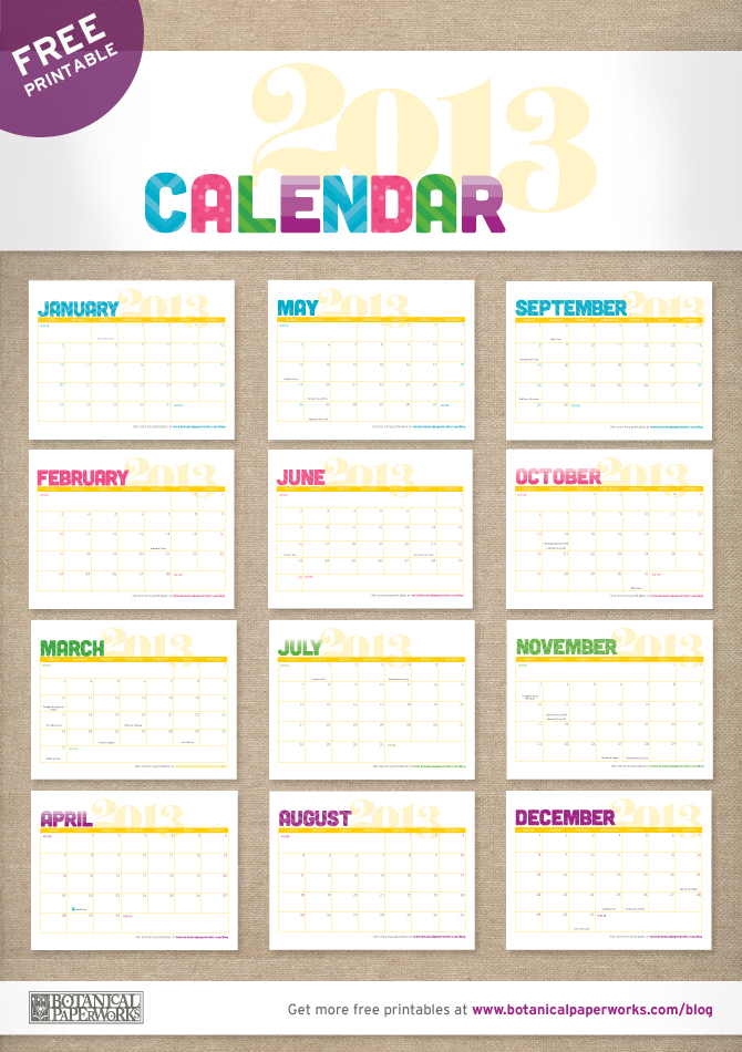 Botanical PaperWorks 12 Weeks of Christmas - Free Printable 2013 Calendar