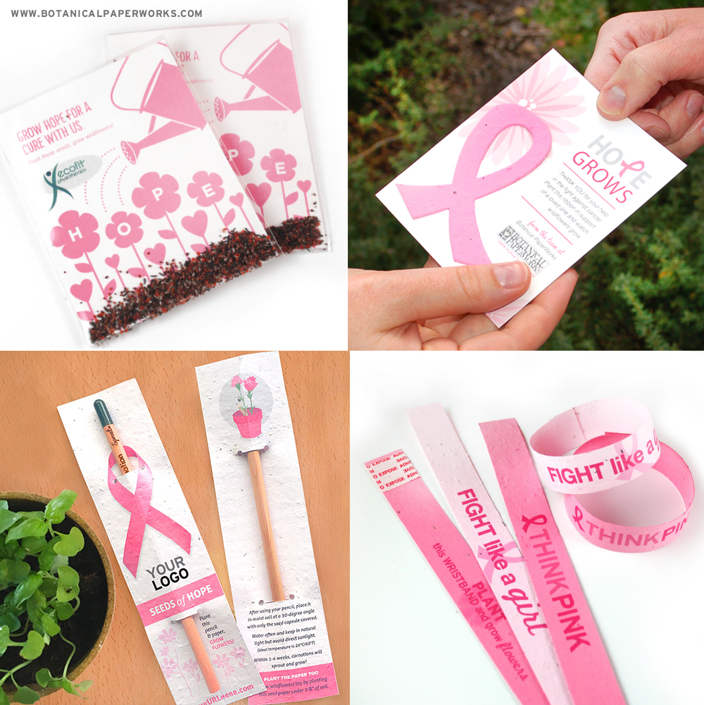 Check out all of the unique ways to grow hope for a cure for breast cancer. Seed paper promotions can be planted to grow wildflowers and will show your support in a waste-free and memorable way.
