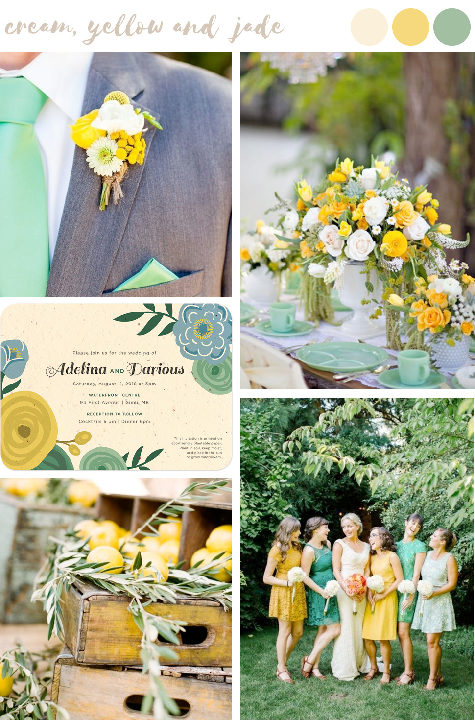 Find wedding color inspiration like this charming blend of marigold yellows and jade for stylish and trendy summer weddings.