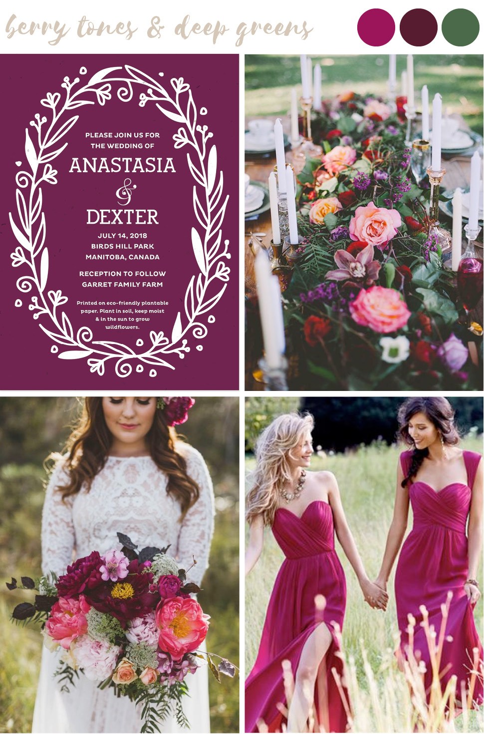 Find wedding color inspiration like this dramatic and romantic mix of berry tones and deep greens for stylish and trendy summer weddings.